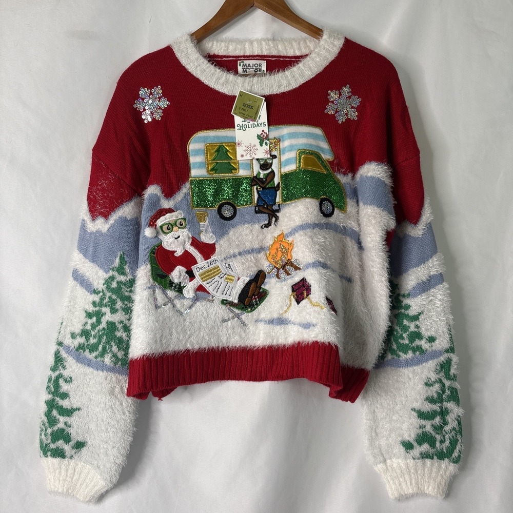 Major Label Group Women Med Red Fuzzy Santa Camper RV Ugly Christmas Sweater NWT